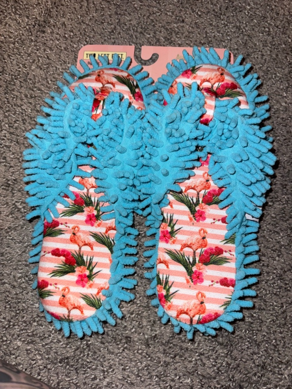 Super soft NWT Flip flip slippers bright blue  microfiber and hot pink flamingo🦩